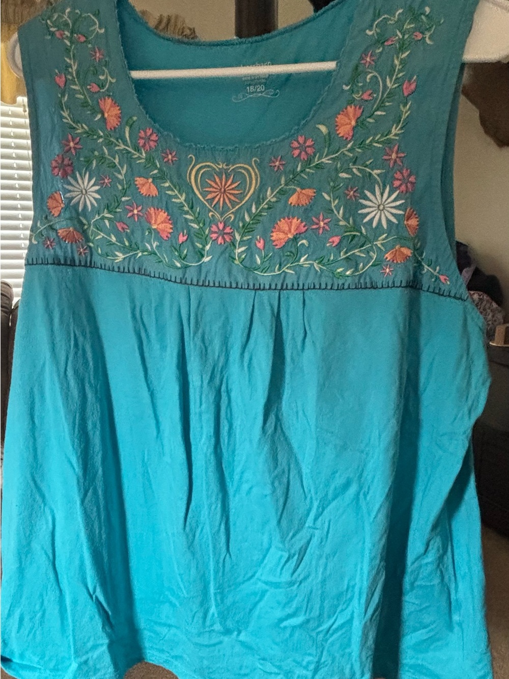 dressbarn Teal Sleeveless Tank with Multicolor Floral Embroidery